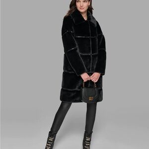 KARL LAGERFELD PARIS Women's Faux-Leather Trim Faux-Fur Coat